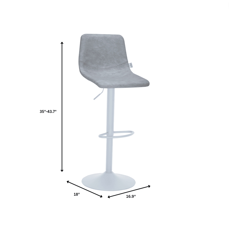 Adjustable Height Bar Stool in Leather with White Iron Base in Light Gray