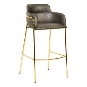 40&quot Low-Back Bar Stool in Leather with Gold Stainless-Steel Frame in Charcoal