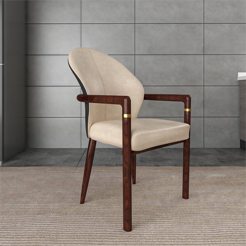 Velvet Dining Arm Chair in Rubberwood with Gold Accents in Taupe