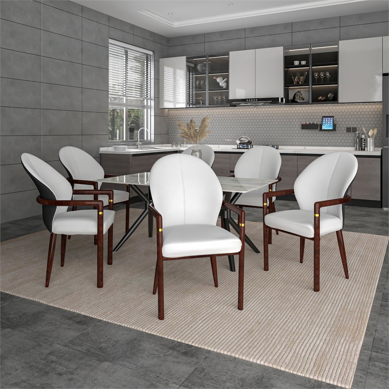 Velvet Dining Arm Chair in Rubberwood with Gold Accents in White