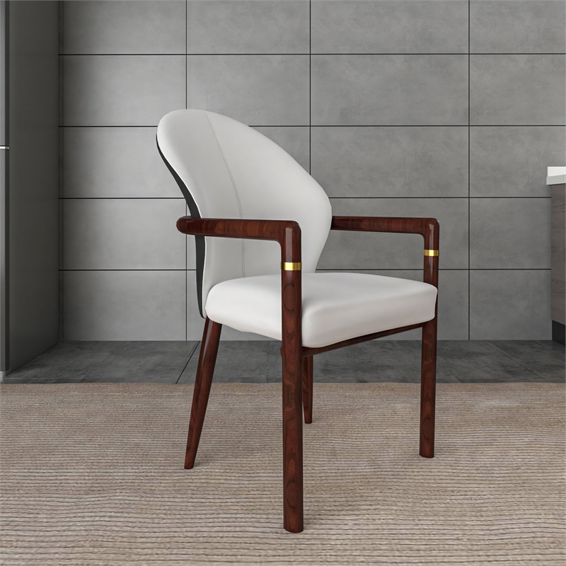 Velvet Dining Arm Chair in Rubberwood with Gold Accents in White