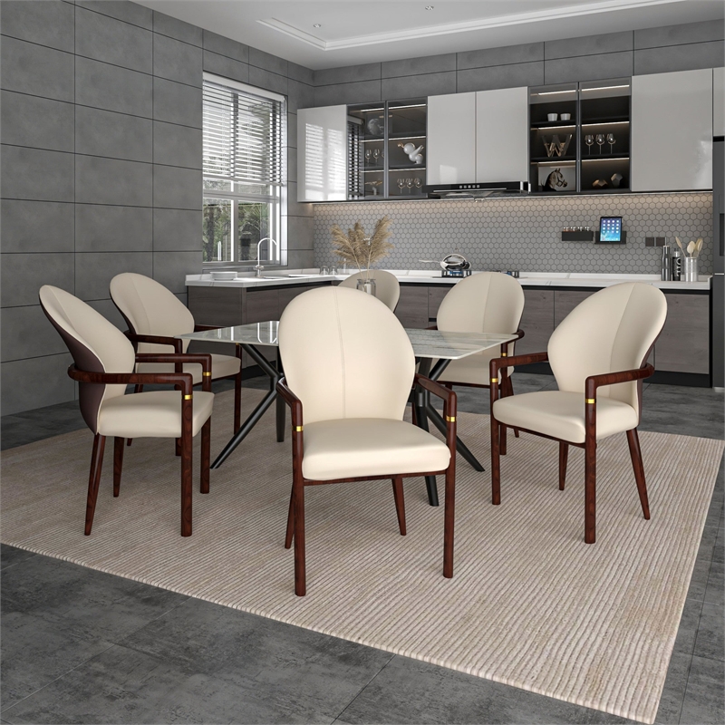 Leather Dining Arm Chair in Rubberwood with Gold Accents in Brown/Cream