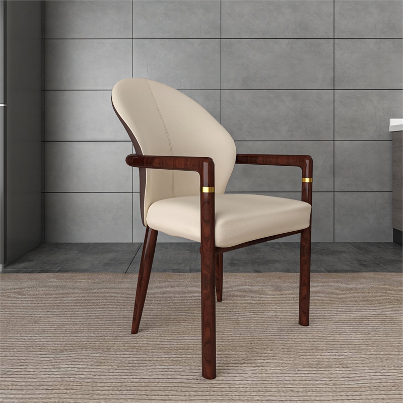 Leather Dining Arm Chair in Rubberwood with Gold Accents in Brown/Cream