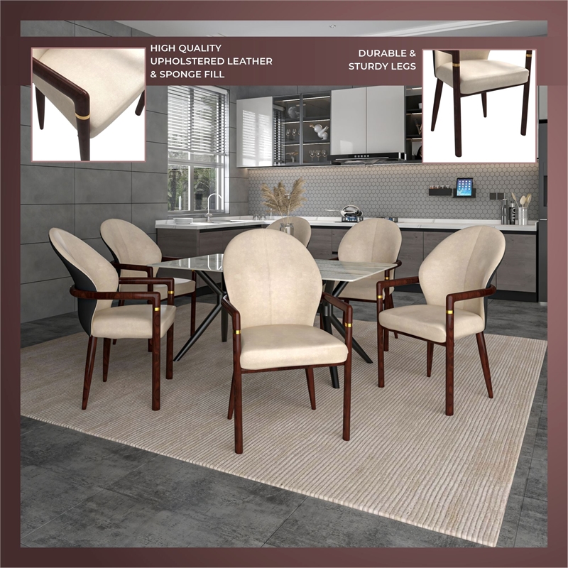 Leather Dining Arm Chair in Rubberwood with Gold Accents in Brown/Cream