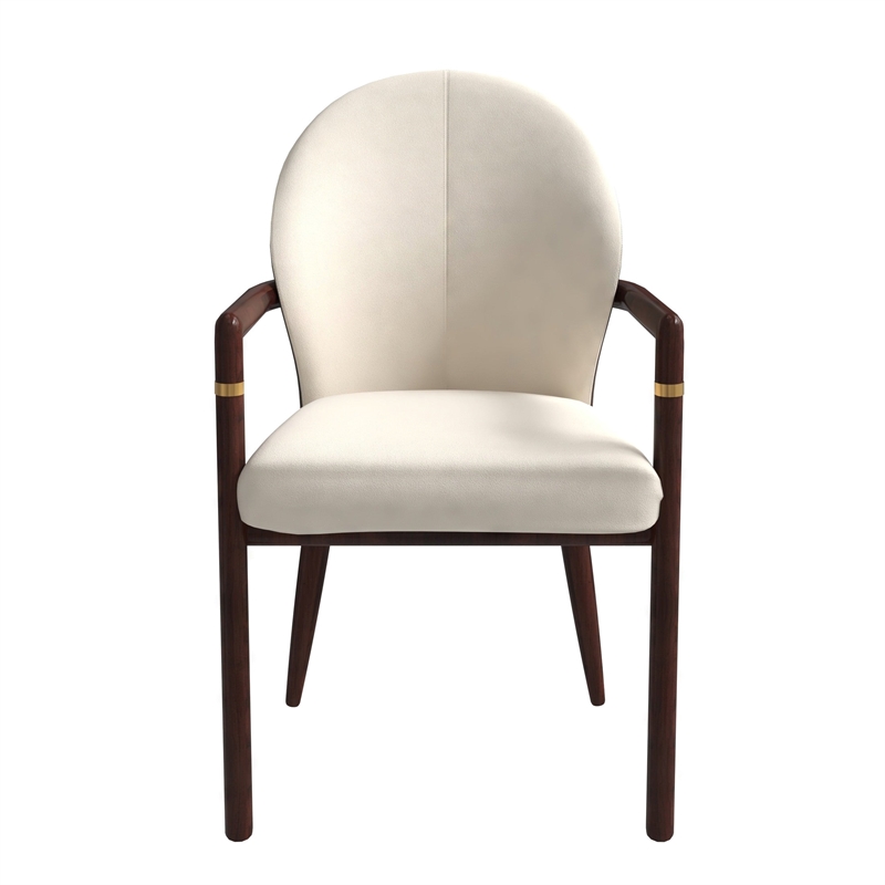 Leather Dining Arm Chair in Rubberwood with Gold Accents in Brown/Cream