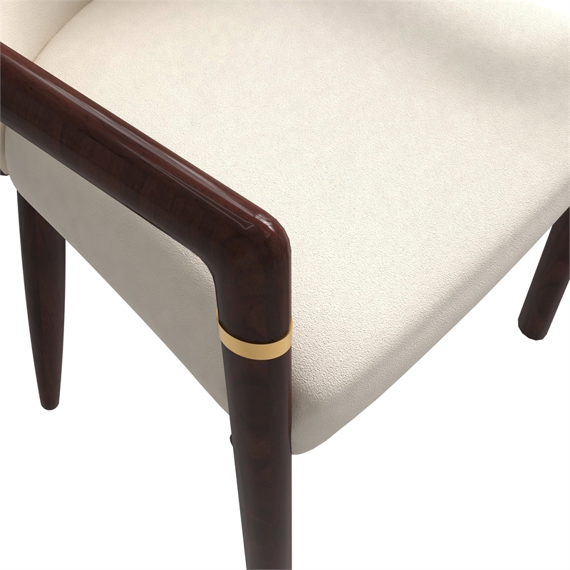 Leather Dining Arm Chair in Rubberwood with Gold Accents in Brown/Cream