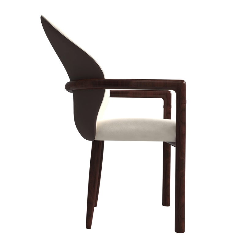 Leather Dining Arm Chair in Rubberwood with Gold Accents in Brown/Cream