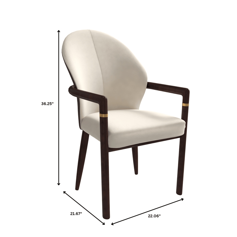 Leather Dining Arm Chair in Rubberwood with Gold Accents in Brown/Cream