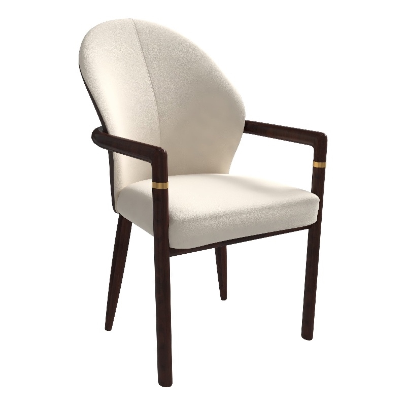 Leather Dining Arm Chair in Rubberwood with Gold Accents in Brown/Cream
