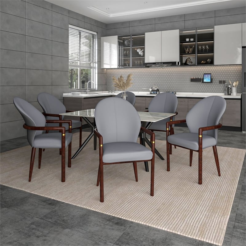 Leather Dining Arm Chair in Rubberwood with Gold Accents in Gray