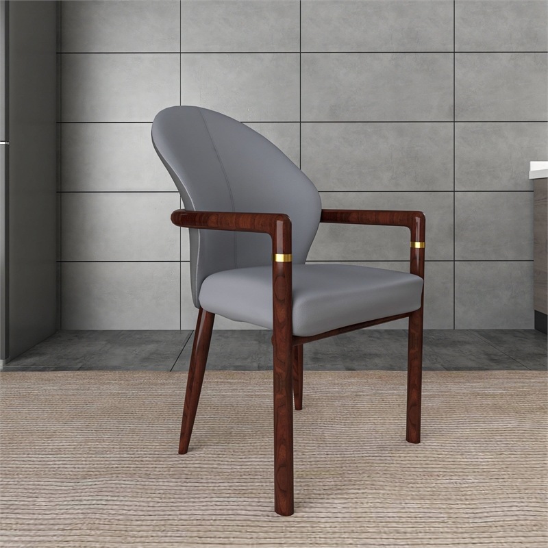 Leather Dining Arm Chair in Rubberwood with Gold Accents in Gray