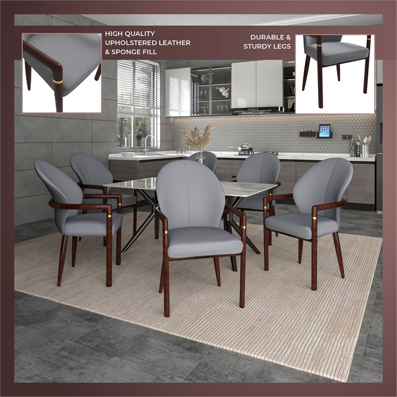Leather Dining Arm Chair in Rubberwood with Gold Accents in Gray