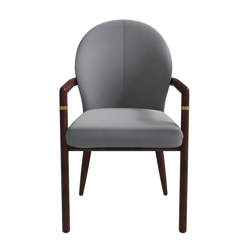 Leather Dining Arm Chair in Rubberwood with Gold Accents in Gray