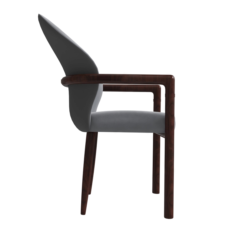 Leather Dining Arm Chair in Rubberwood with Gold Accents in Gray