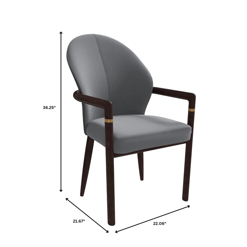 Leather Dining Arm Chair in Rubberwood with Gold Accents in Gray