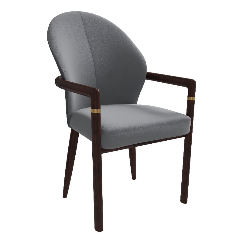 Leather Dining Arm Chair in Rubberwood with Gold Accents in Gray