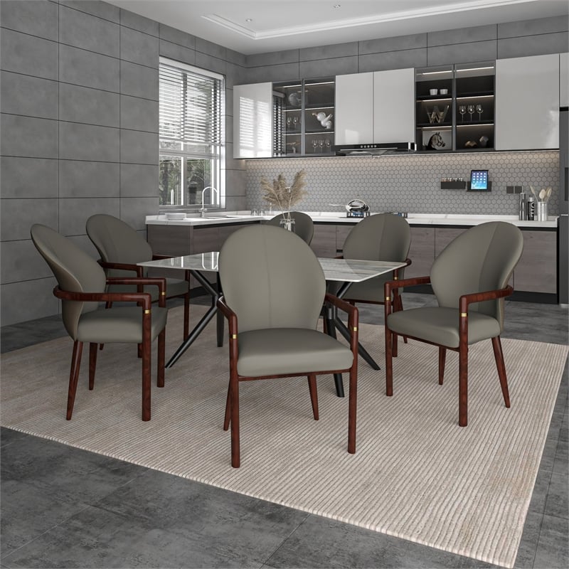 Leather Dining Arm Chair in Rubberwood with Gold Accents in Khaki