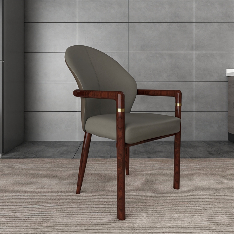 Leather Dining Arm Chair in Rubberwood with Gold Accents in Khaki