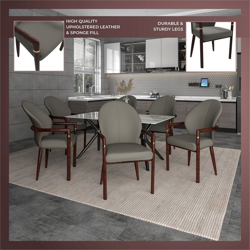 Leather Dining Arm Chair in Rubberwood with Gold Accents in Khaki