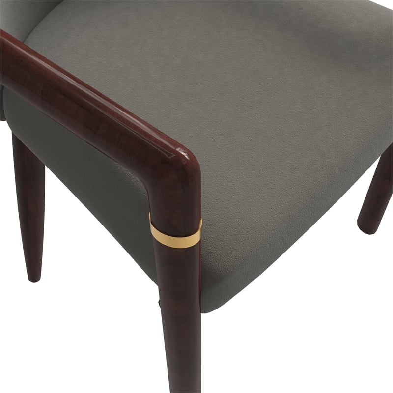 Leather Dining Arm Chair in Rubberwood with Gold Accents in Khaki