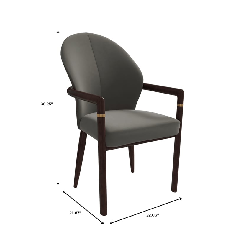 Leather Dining Arm Chair in Rubberwood with Gold Accents in Khaki