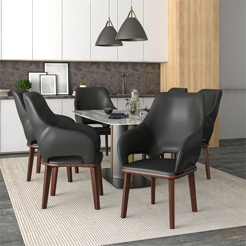 Leather Dining Chair with Rubberwood Base in Dark Gray