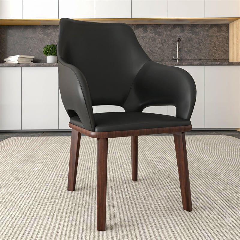 Leather Dining Chair with Rubberwood Base in Dark Gray