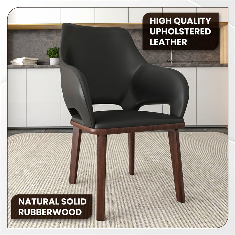 Leather Dining Chair with Rubberwood Base in Dark Gray