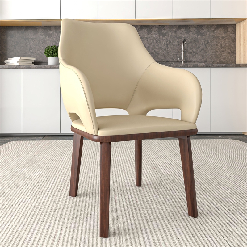 Leather Dining Chair with Rubberwood Base in Off White