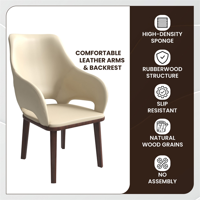 Leather Dining Chair with Rubberwood Base in Off White