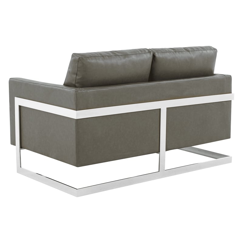 Leather Loveseat with Removable Cushions and Stainless Steel Base in Grey