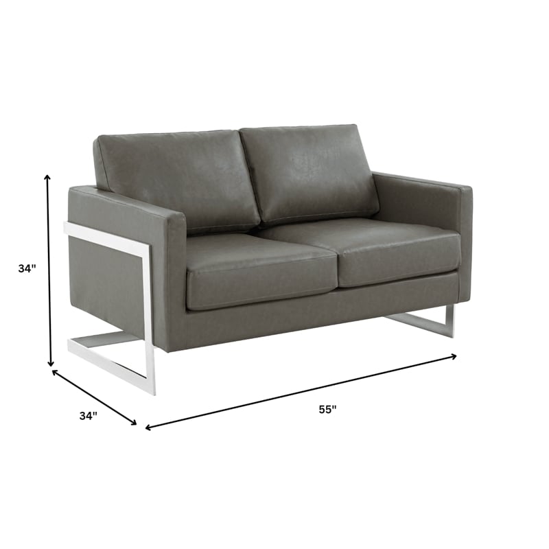 Leather Loveseat with Removable Cushions and Stainless Steel Base in Grey