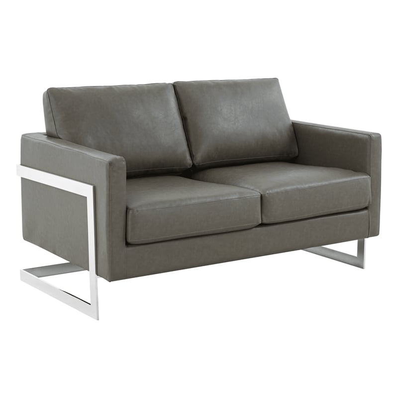 Leather Loveseat with Removable Cushions and Stainless Steel Base in Grey