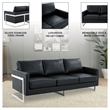 LeisureMod 3-Seater Leather Sofa with Removable Cushions/Steel Base in Black