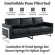 LeisureMod 3-Seater Leather Sofa with Removable Cushions/Steel Base in Black