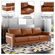 LeisureMod 3-Seater Leather Sofa with Removable Cushions/Steel Base in Brown