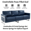 LeisureMod 3-Seater Leather Sofa with Removable Cushions/Steel Base in Blue