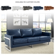 LeisureMod 3-Seater Leather Sofa with Removable Cushions/Steel Base in Blue