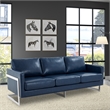 LeisureMod 3-Seater Leather Sofa with Removable Cushions/Steel Base in Blue
