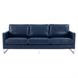 LeisureMod 3-Seater Leather Sofa with Removable Cushions/Steel Base in Blue