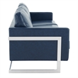 LeisureMod 3-Seater Leather Sofa with Removable Cushions/Steel Base in Blue