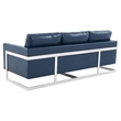 LeisureMod 3-Seater Leather Sofa with Removable Cushions/Steel Base in Blue