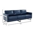 LeisureMod 3-Seater Leather Sofa with Removable Cushions/Steel Base in Blue
