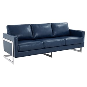 LeisureMod 3-Seater Leather Sofa with Removable Cushions/Steel Base in Blue