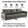 LeisureMod 3-Seater Leather Sofa with Removable Cushions/Steel Base in Grey