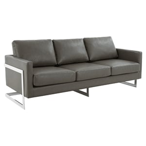 LeisureMod 3-Seater Leather Sofa with Removable Cushions/Steel Base in Grey