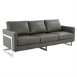 LeisureMod 3-Seater Leather Sofa with Removable Cushions/Steel Base in Grey
