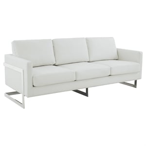 LeisureMod 3-Seater Leather Sofa with Removable Cushions/Steel Base in White