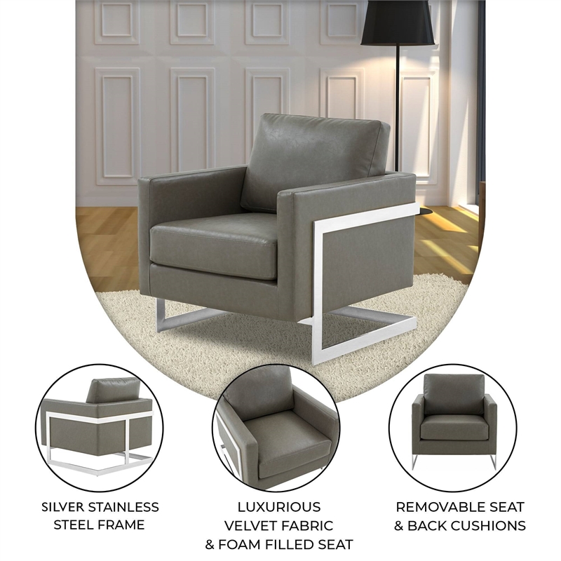 Leather Accent Armchair with Chromed Stainless Steel Frame in Grey