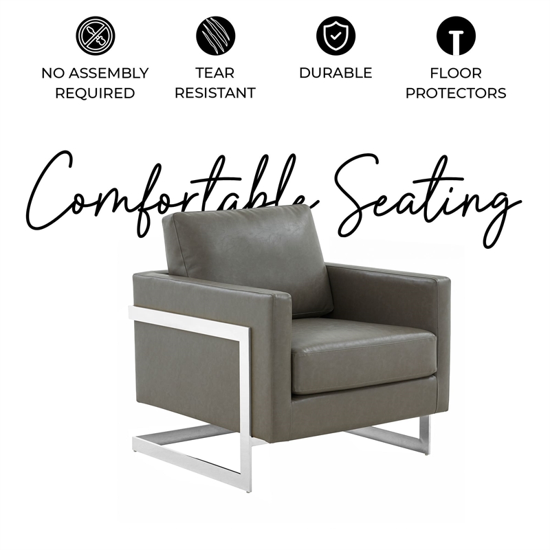 Leather Accent Armchair with Chromed Stainless Steel Frame in Grey